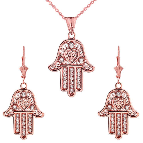 CaliRoseJewelry 14k Yellow Gold Hamsa Hand Heart Diamond Pendant Necklace and Earrings Set