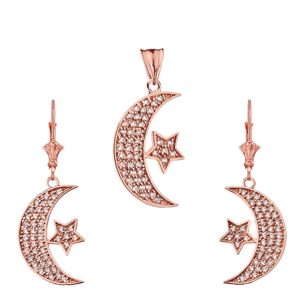 CaliRoseJewelry 14k Gold Crescent Moon and Star Cubic Zirconia Pendant and Earrings Set