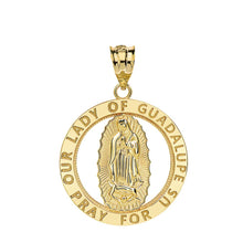 Load image into Gallery viewer, CaliRoseJewelry 14k Gold Our Lady of Guadalupe Pray for Us Round Charm Pendant