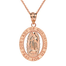Load image into Gallery viewer, CaliRoseJewelry 10k Gold Our Lady of Guadalupe Pray for Us Oval Charm Pendant Necklace