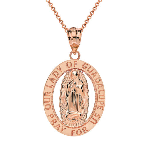 CaliRoseJewelry 14k Gold Our Lady of Guadalupe Pray for Us Oval Charm Pendant Necklace