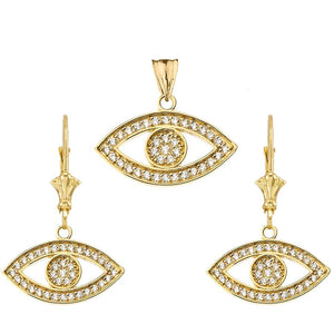 CaliRoseJewelry 14k Gold Evil Eye Cubic Zirconia Pendant and Earrings Set