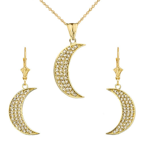 CaliRoseJewelry 10k Yellow Gold Crescent Moon Cubic Zirconia Pendant Necklace and Earrings Set