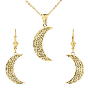 CaliRoseJewelry 10k Yellow Gold Crescent Moon Diamond Pendant Necklace and Earrings Set