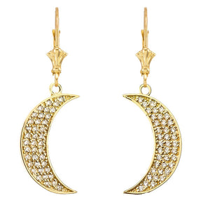 CaliRoseJewelry 10k Yellow Gold Crescent Moon Cubic Zirconia Pendant Necklace and Earrings Set