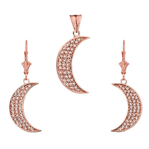 CaliRoseJewelry 14k Yellow Gold Crescent Moon Cubic Zirconia Pendant and Earrings Set