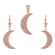 Load image into Gallery viewer, CaliRoseJewelry 14k Yellow Gold Crescent Moon Diamond Pendant and Earrings Set