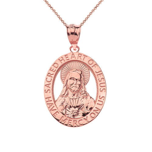 CaliRoseJewelry 14k Sacred Heart Jesus Have Mercy on Us Oval Pendant Necklace
