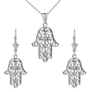 CaliRoseJewelry 14k Yellow Gold Hamsa Hand Diamond Pendant Necklace and Earrings Set