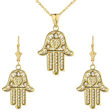 Load image into Gallery viewer, CaliRoseJewelry 10k Yellow Gold Hamsa Hand Heart Cubic Zirconia Pendant Necklace and Earrings Set