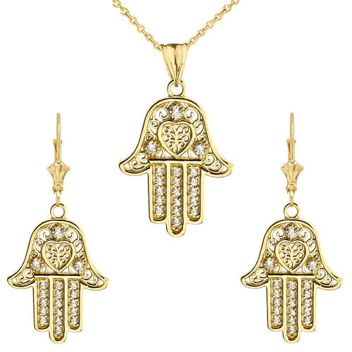 CaliRoseJewelry 10k Yellow Gold Hamsa Hand Heart Cubic Zirconia Pendant Necklace and Earrings Set