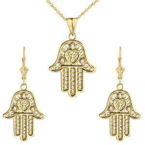 CaliRoseJewelry 10k Yellow Gold Hamsa Hand Heart Cubic Zirconia Pendant Necklace and Earrings Set