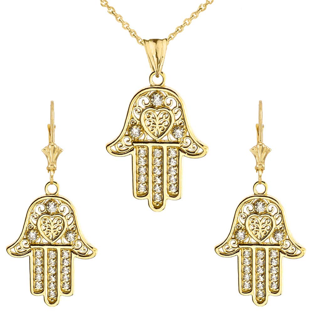 CaliRoseJewelry 10k Yellow Gold Hamsa Hand Heart Cubic Zirconia Pendant Necklace and Earrings Set
