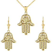 Load image into Gallery viewer, CaliRoseJewelry 10k Yellow Gold Hamsa Hand Heart Diamond Pendant Necklace and Earrings Set