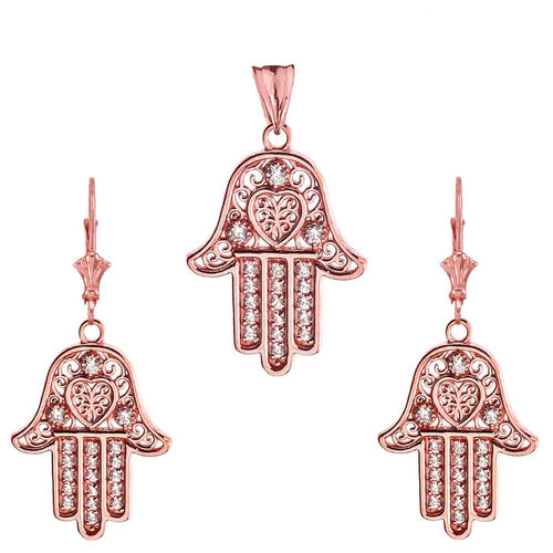 CaliRoseJewelry 14k Gold Hamsa Hand Heart Diamond Pendant and Earrings Set