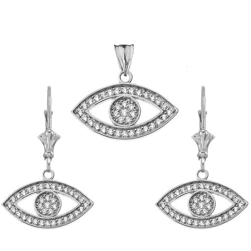 CaliRoseJewelry Sterling Silver Evil Eye Cubic Zirconia Pendant and Earrings Set