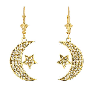 CaliRoseJewelry 14k Gold Crescent Moon and Star Cubic Zirconia Pendant Necklace and Earrings Set