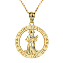 Load image into Gallery viewer, CaliRoseJewelry 10k Gold Saint Francis of Assisi Pray for Us Round Charm Pendant Necklace