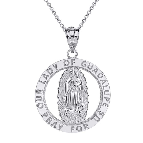 CaliRoseJewelry Sterling Silver Our Lady of Guadalupe Pray for Us Round Charm Pendant Necklace