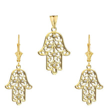 Load image into Gallery viewer, CaliRoseJewelry 14k Gold Hamsa Hand Diamond Pendant and Earrings Set
