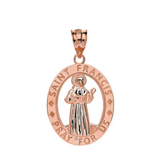 Load image into Gallery viewer, CaliRoseJewelry 10k Gold Saint Francis of Assisi Pray for Us Oval Charm Pendant