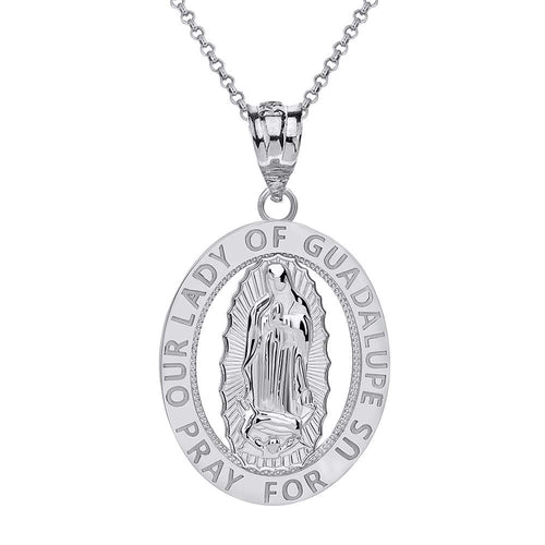 CaliRoseJewelry Sterling Silver Our Lady of Guadalupe Pray for Us Oval Charm Pendant Necklace
