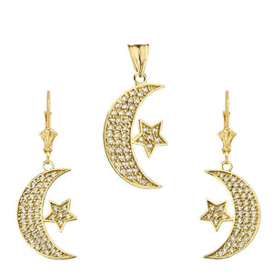 CaliRoseJewelry 14k Gold Crescent Moon and Star Diamond Pendant and Earrings Set