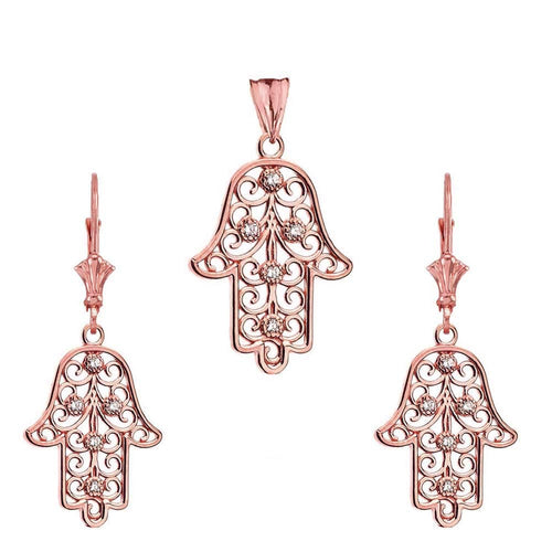 CaliRoseJewelry 14k Gold Hamsa Hand Diamond Pendant and Earrings Set