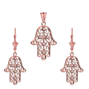 CaliRoseJewelry 14k Gold Hamsa Hand Diamond Pendant and Earrings Set
