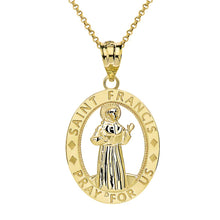 Load image into Gallery viewer, CaliRoseJewelry 10k Gold Saint Francis of Assisi Pray for Us Oval Charm Pendant Necklace