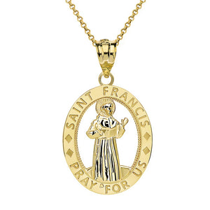 CaliRoseJewelry 14k Gold Saint Francis of Assisi Pray for Us Oval Charm Pendant Necklace