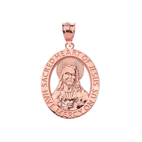 CaliRoseJewelry 14k Sacred Heart Jesus Have Mercy on Us Oval Pendant