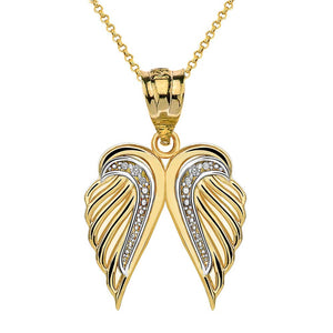 CaliRoseJewelry 10k Gold Feather Dainty Angel Double Wing Diamond Pendant Necklace