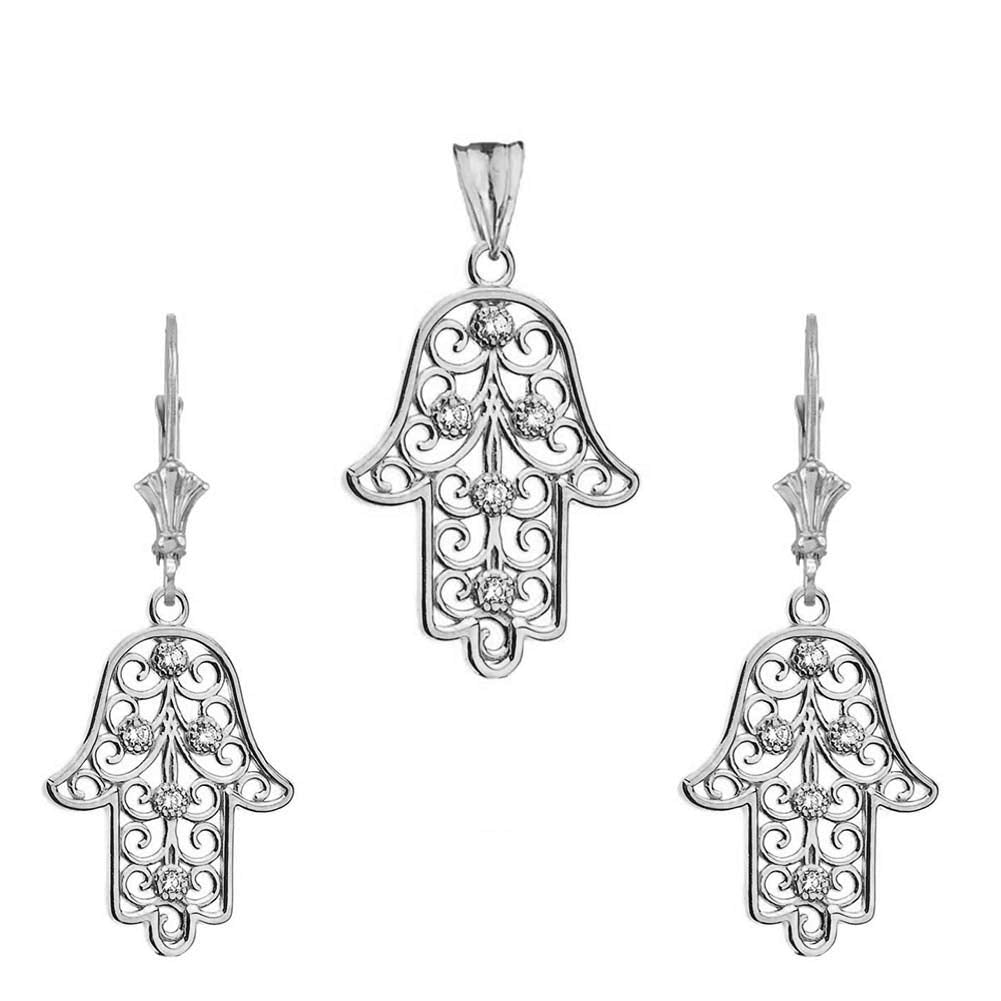 CaliRoseJewelry Sterling Silver Hamsa Hand Cubic Zirconia Pendant Necklace and Earrings Set
