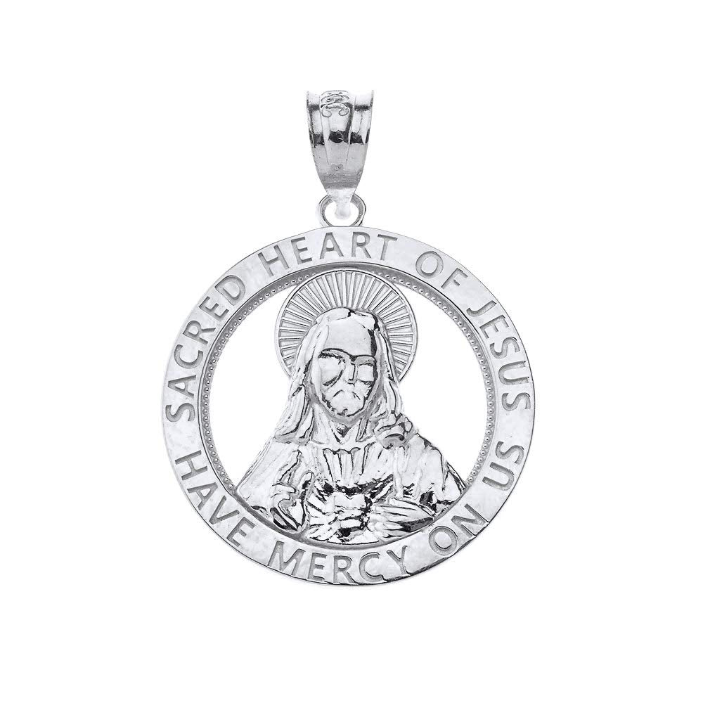 CaliRoseJewelry Sterling Silver Sacred Heart Jesus Have Mercy on Us Round Pendant Necklace