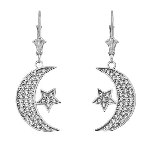 CaliRoseJewelry Sterling Silver Crescent Moon and Star Cubic Zirconia Pendant Necklace and Earrings Set