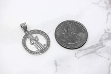 Load image into Gallery viewer, CaliRoseJewelry Sterling Silver Saint Francis of Assisi Pray for Us Round Charm Pendant Necklace