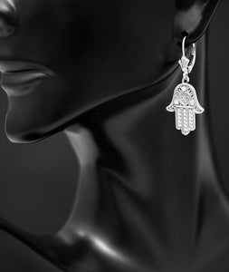 CaliRoseJewelry Sterling Silver Hamsa Hand Heart Cubic Zirconia Pendant Necklace and Earrings Set