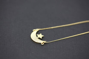 CaliRoseJewelry 14k Gold Sideways Crescent Moon and Star Symbol Cubic Zirconia Pendant Necklace