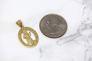CaliRoseJewelry 14k Gold Saint Francis of Assisi Pray for Us Oval Charm Pendant