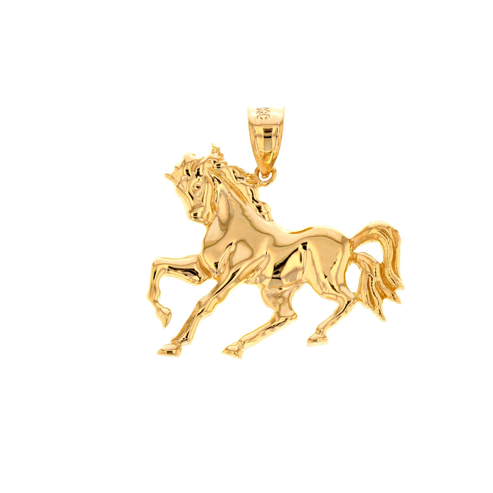 Running Stallion Race Horse Pendant in Gold (hollow back) - solid gold, solid gold jewelry, handmade solid gold jewelry, handmade jewelry, handmade designer jewelry, solid gold handmade designer jewelry, chic jewelry, trendy jewelry, trending jewelry, jewelry that's trending, handmade chic jewelry, handmade trendy jewelry, mod-chic jewelry, handmade mod-chic jewelry, designer jewelry, chic designer jewelry, handmade designer, affordable jewelry