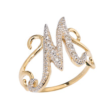 Load image into Gallery viewer, Modern Cursive Alphabet Diamond Initial Rings A-Z in Gold - solid gold, solid gold jewelry, handmade solid gold jewelry, handmade jewelry, handmade designer jewelry, solid gold handmade designer jewelry, chic jewelry, trendy jewelry, trending jewelry, jewelry that&#39;s trending, handmade chic jewelry, handmade trendy jewelry, mod-chic jewelry, handmade mod-chic jewelry, designer jewelry, chic designer jewelry, handmade designer