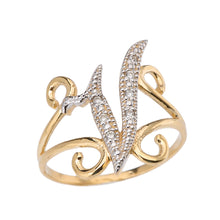 Load image into Gallery viewer, Modern Cursive Alphabet Diamond Initial Rings A-Z in Gold - solid gold, solid gold jewelry, handmade solid gold jewelry, handmade jewelry, handmade designer jewelry, solid gold handmade designer jewelry, chic jewelry, trendy jewelry, trending jewelry, jewelry that&#39;s trending, handmade chic jewelry, handmade trendy jewelry, mod-chic jewelry, handmade mod-chic jewelry, designer jewelry, chic designer jewelry, handmade designer, affordable jewelry