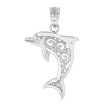 Load image into Gallery viewer, Graceful Dolphin Filigree Charm Pendant in Sterling Silver - solid gold, solid gold jewelry, handmade solid gold jewelry, handmade jewelry, handmade designer jewelry, solid gold handmade designer jewelry, chic jewelry, trendy jewelry, trending jewelry, jewelry that&#39;s trending, handmade chic jewelry, handmade trendy jewelry, mod-chic jewelry, handmade mod-chic jewelry, designer jewelry, chic designer jewelry, handmade designer