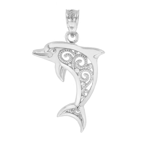 Graceful Dolphin Filigree Charm Pendant in Sterling Silver - solid gold, solid gold jewelry, handmade solid gold jewelry, handmade jewelry, handmade designer jewelry, solid gold handmade designer jewelry, chic jewelry, trendy jewelry, trending jewelry, jewelry that's trending, handmade chic jewelry, handmade trendy jewelry, mod-chic jewelry, handmade mod-chic jewelry, designer jewelry, chic designer jewelry, handmade designer