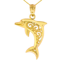 Load image into Gallery viewer, Graceful Dolphin Filigree Charm Pendant in Gold - solid gold, solid gold jewelry, handmade solid gold jewelry, handmade jewelry, handmade designer jewelry, solid gold handmade designer jewelry, chic jewelry, trendy jewelry, trending jewelry, jewelry that&#39;s trending, handmade chic jewelry, handmade trendy jewelry, mod-chic jewelry, handmade mod-chic jewelry, designer jewelry, chic designer jewelry, handmade designer