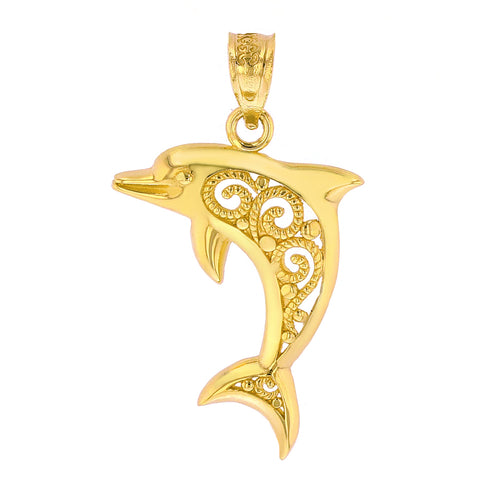 Graceful Dolphin Filigree Charm Pendant in Gold - solid gold, solid gold jewelry, handmade solid gold jewelry, handmade jewelry, handmade designer jewelry, solid gold handmade designer jewelry, chic jewelry, trendy jewelry, trending jewelry, jewelry that's trending, handmade chic jewelry, handmade trendy jewelry, mod-chic jewelry, handmade mod-chic jewelry, designer jewelry, chic designer jewelry, handmade designer