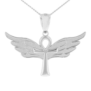 Ankh w/ Angel Wings Charm Pendant in Sterling Silver