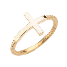 Load image into Gallery viewer, Twisted Rope Band Sideways Cross Ring in Gold - solid gold, solid gold jewelry, handmade solid gold jewelry, handmade jewelry, handmade designer jewelry, solid gold handmade designer jewelry, chic jewelry, trendy jewelry, trending jewelry, jewelry that&#39;s trending, handmade chic jewelry, handmade trendy jewelry, mod-chic jewelry, handmade mod-chic jewelry, designer jewelry, chic designer jewelry, handmade designer, affordable jewelry