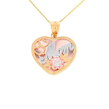 Load image into Gallery viewer, Tri-Gold Love Mom Heart Charm Pendant - solid gold, solid gold jewelry, handmade solid gold jewelry, handmade jewelry, handmade designer jewelry, solid gold handmade designer jewelry, chic jewelry, trendy jewelry, trending jewelry, jewelry that&#39;s trending, handmade chic jewelry, handmade trendy jewelry, mod-chic jewelry, handmade mod-chic jewelry, designer jewelry, chic designer jewelry, handmade designer, affordable jewelry